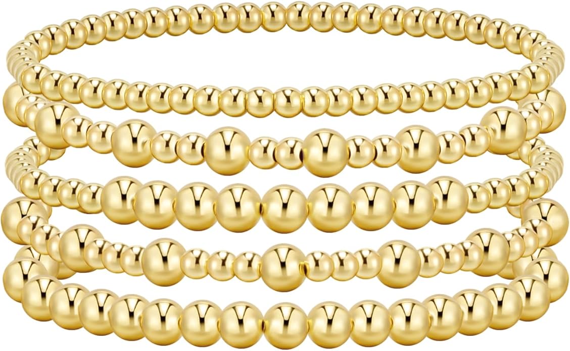 adoyi Gold Bracelets for Women Beaded Bracelet 14K Gold Plated Bracelet Stack Strand Stretch Bead Ball Bracelet Set Stackable Bracelet Adjustable Bracelet Set Jewelry for Gifts