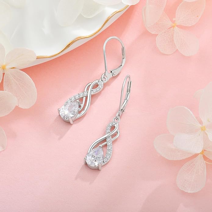 Infinity Love Birthstone Earrings for Women 925 Strling Silver 5A Cubic Zirconia Dangle Drop Leveback Earrings Jewelry Birthday Christmas Day Gifts for Her