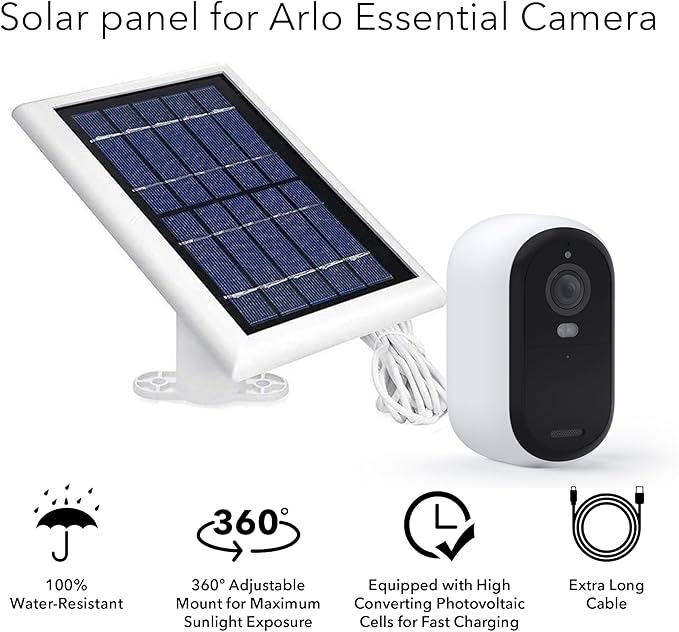 Wasserstein Solar Panel Compatible with Arlo Essential 2K Outdoor Security Camera (2nd Gen) / XL (2nd Gen) & Essential Spotlight (Camera NOT Included) - (2-Pack, White)