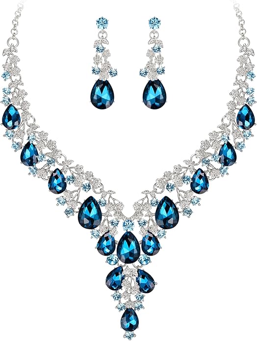 BriLove Women's Wedding Bridal Austrian Crystal Teardrop Flower Cluster Statement Necklace Dangle Earrings Jewelry Set for Party Prom