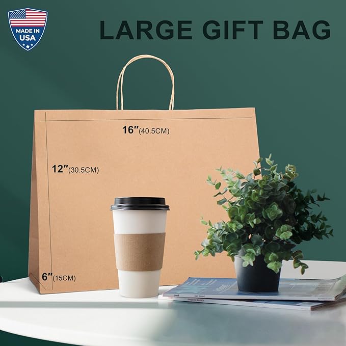 METRONIC Paper Gift Bags 16x6x12'' 200Pcs Brown Paper Bag with Handles Bulk for Small Business, Birthday Wedding Party Favor