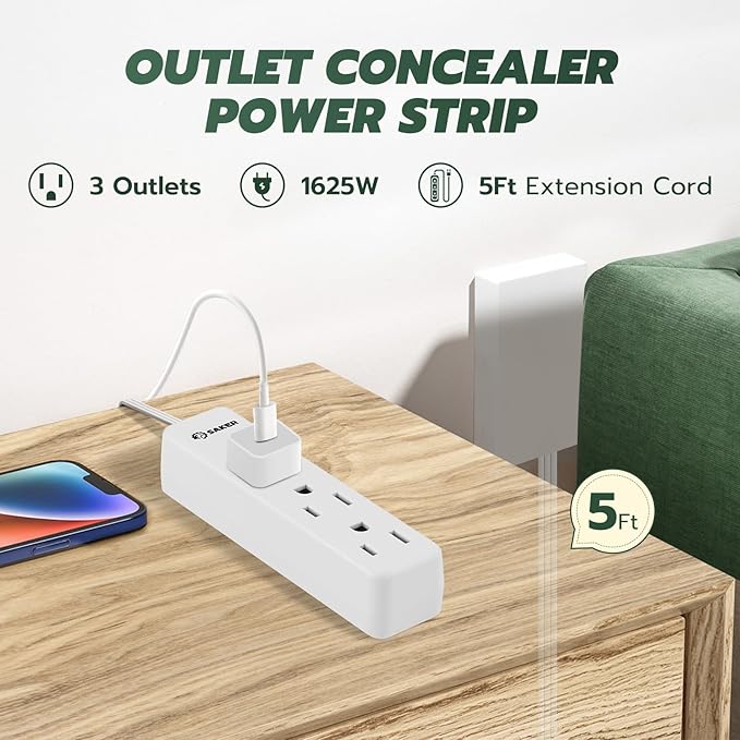 Saker Outlet Concealer Power Strip | 5ft Flat Plug Extension Cord with 3 Outlets,1625W | Universal Size Baby Proof Outlet Cover Extension Cord for Kitchen, Home and Office