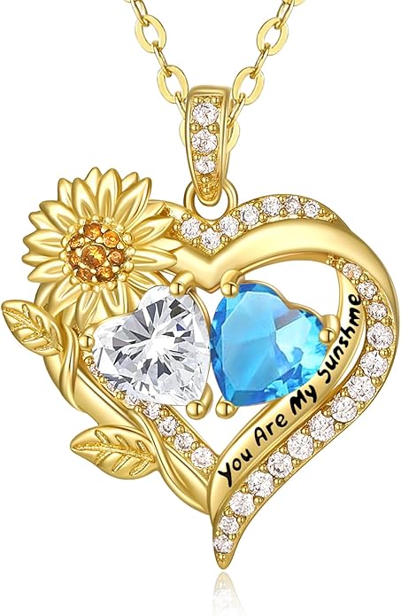 Sunflower Heart Necklace for Women 14K Gold Exquisite Valentines Day Anniversary Birthday Gifts for Wife Mother Her Double Birthstone Pendant Jewelry‘You Are My Sunshine’