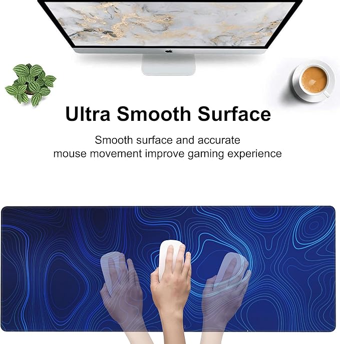Abstract Topography Design Desk Mat,Large Dark Blue Topographic Line Art Gaming Keyboard Mouse Pad,Non-Slip Rubber Base Desk Pad Thick Stitched Edges Waterproof Mousepad Mouse Mat 31.5"x11.8"