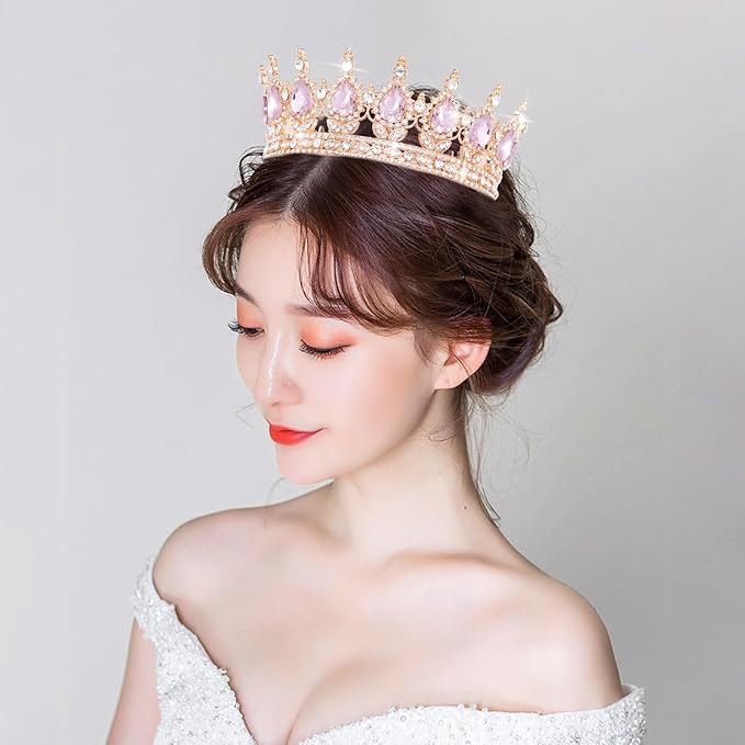 Queen Crown Rhinestone Wedding Crowns and Tiaras for Women Costume Party Hair Accessories Princess Birthday Crown Crystal Bridal Crown (Rose Gold & Pink Crown)