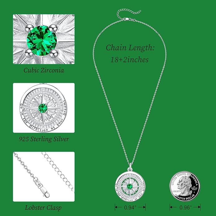 KINGWHYTE Graduation Gifts Birthstone Necklace for Women 925 Sterling Silver Compass Pendant Go in the Direction of your Dream Travel Jewelry Birthday Gift for Her
