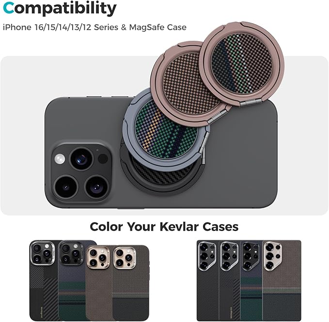 BENKS ArmorPop Magnetic Phone Grip & Stand for MagSafe, 360° Rotation Adjustable Phone Ring Holder for iPhone 17/16/15/14/13/12 Series, Durable Kevlar Design