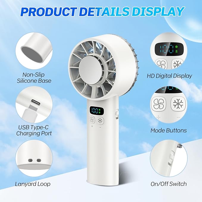 2025 Portable Handheld Ice Fan, Turbo Cooling Fans, 5200mAh, 100 Gear Hurricane Wind, ANC Silent Motor, Digital Display, USB C Rechargeable, Mini Icy Personal Electric Fan for Outdoor & Indoor (White)