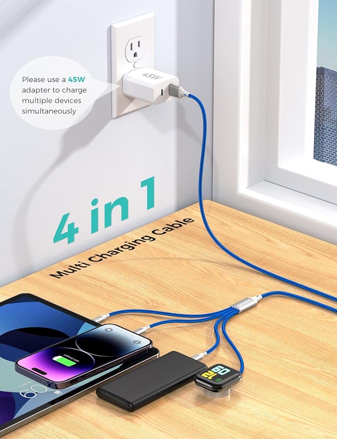 Travel Essentials Multi Charging Cable for Watch Charger 4 in 1 Fast Charger Camping Essentials USB C/L/Micro Compatible with Watch Series 10-1/SE/Ultra Phone 16 15/Galaxy Android-4FT/Blue