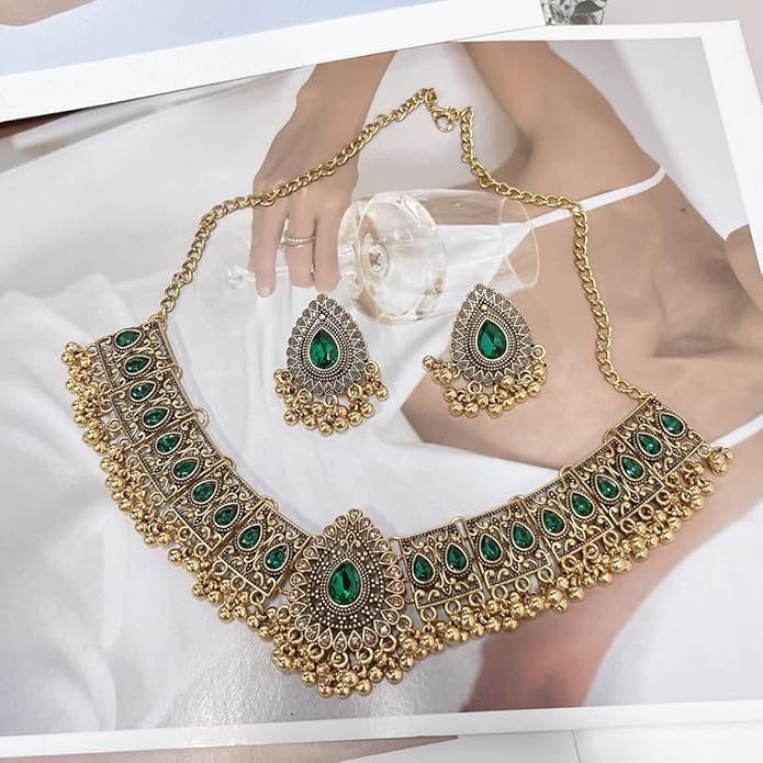 Indian Wedding Bridal Traditional Bohemian Jewellery Set for Women Girls Antique Oxidized Ethnic Party Prom Wear Statement Necklace Earring Tassel Bollywood Choker Punk Crystal Fashion Gift for Bride