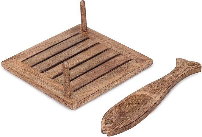 eTroves Wooden Napkin Holder Flat Tray Weighted Fish Shape Bar on Top With Toothpick Holder, 8 Inch, Brown