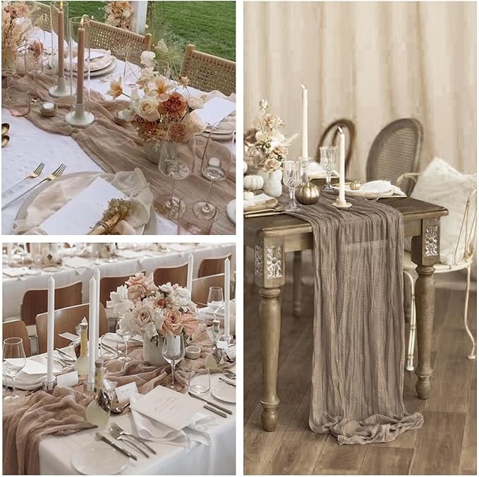 6 Pack Nude Brown Cheesecloth Table Runner 10FT Boho Gauze Fabric Table Runner 35 x 120 Inch Rustic for Fall Thanksgiving Wedding Decor Baby Shower Party Boho Holiday Decoration