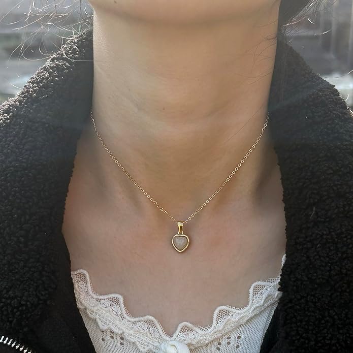 Cute Gold Heart Necklace for Women,18k Gold Plated Cubic Zirconia Charm Necklaces,Stainless Steel Women's Heart Stone Pendant Necklace for Women,16-18 Inches Adjustable Chain,Trendy Jewelry Gifts