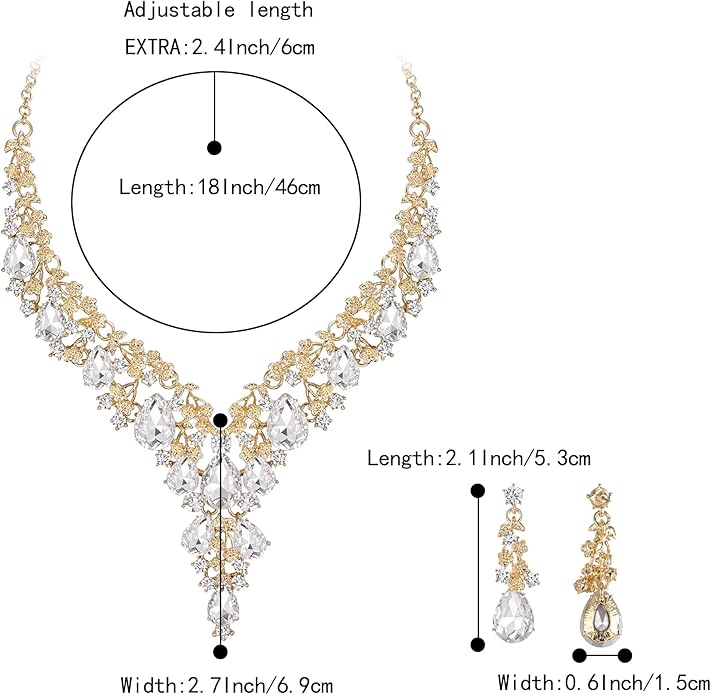 BriLove Women's Wedding Bridal Austrian Crystal Teardrop Flower Cluster Statement Necklace Dangle Earrings Jewelry Set for Party Prom