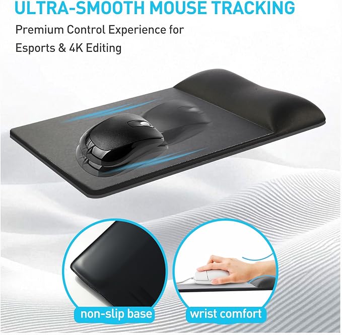 univo colors Design-Wave Wrist Rest Mouce Pad,PE Mouse Sliding Panel+Artificial Sheepskin+Memory Foam+Ergonomic+Anti-Slip Gel,Resilience Support During Work and Gaming,Mouce Accessory,Black