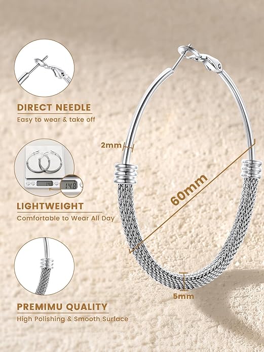 KeyStyle Mesh Hoop Earrings for Women, Stainless Steel Gold Hoops Earring Lightweight Loops, 2MM Thick Hypoallergenic Circle Endless Hollow Hoop 20mm-80mm
