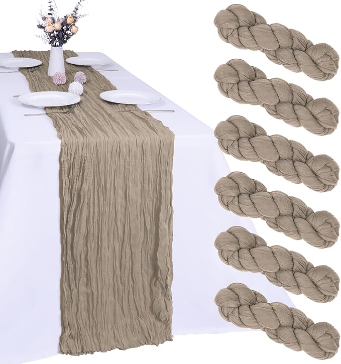 6 Pack Nude Brown Cheesecloth Table Runner 10FT Boho Gauze Fabric Table Runner 35 x 120 Inch Rustic for Fall Thanksgiving Wedding Decor Baby Shower Party Boho Holiday Decoration