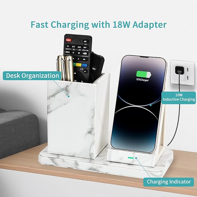 Wireless Charger with Desk Organizer, Wireless Charging Station for iPhone 13/13 Pro Max/13 Pro/12 Series/11/XS Max/XR/X/8Plus/SE 2, Wireless Charging Stand with Leather… (Marble)