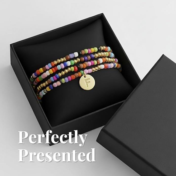 Set of 4 Colorful Bead Initial Bracelets, Personalized Stackable Jewelry, Adjustable Stretchy Charm Bracelets for Women, Beaded Bracelet Set, Trendy Custom Jewelry Gift