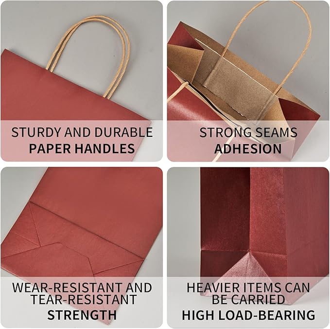 METAPRINT 100 Pcs Paper Gift Bags 8x4.5x10.8 Inch Red Kraft Bag with Handles Bulk for Birthday Wedding Party Favor Bags, Paper Shopping Bags