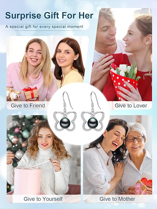 Tahitian Black Pearl Earrings Gifts for Women Wife Celtic Dangle Drop Earrings Wedding Birthday Anniversary Jewelry Valentines Christmas Day Gifts 925 Sterling Silver