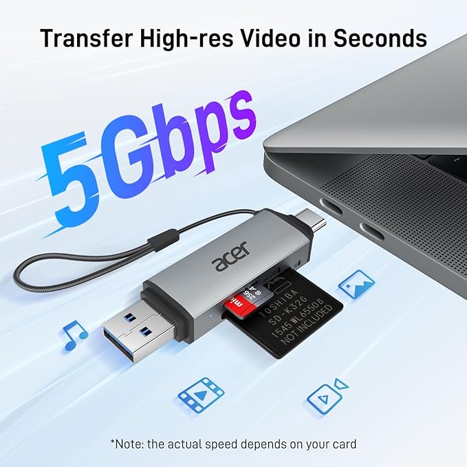 acer SD Card Reader USB C, Dual Slots USB 3.0 Type C to Micro SD Card Adapter, Memory Card Reader for MicroSD, SDHC, SDXC, Compatible with Laptop, PC, iPhone16/15, MacBook Pro/Air, iPad Pro, Android