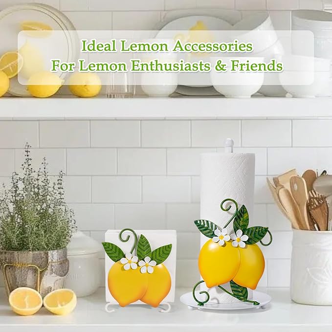 Lemon Napkin Holder for Table - Tissue Holder for Spring Home Decor, Vintage Home Yellow Kitchen Counter Decor and Accessories, Lemon Housewarming Gifts for Women, 3D Handmade Pattern, Metal