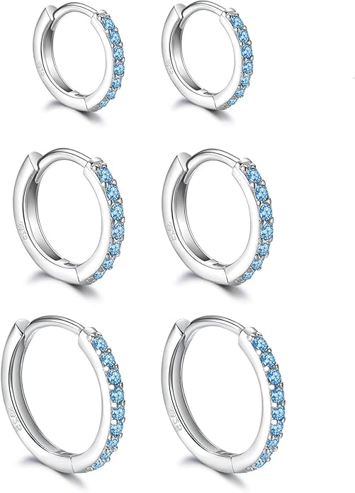 925 Sterling Silver Small Hoop Earrings Cubic Zirconia Huggie Hoop Earrings, 3 Pairs 14K White Gold Plated Cartilage Piercing Earrings Ear Cuff Tiny Hoop Earrings for Women Men