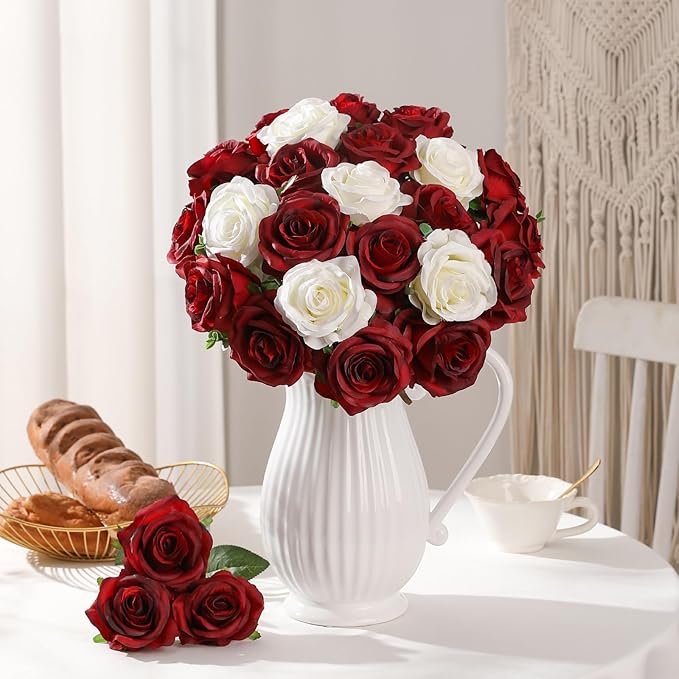 Tifuly 100 Pcs Red Roses Artificial Flowers Bulk, Realistic Long Stem Fake Silk Roses Bouquet for Wedding Centerpiece Table Vases Party Home Kitchen Decor（Burgundy）