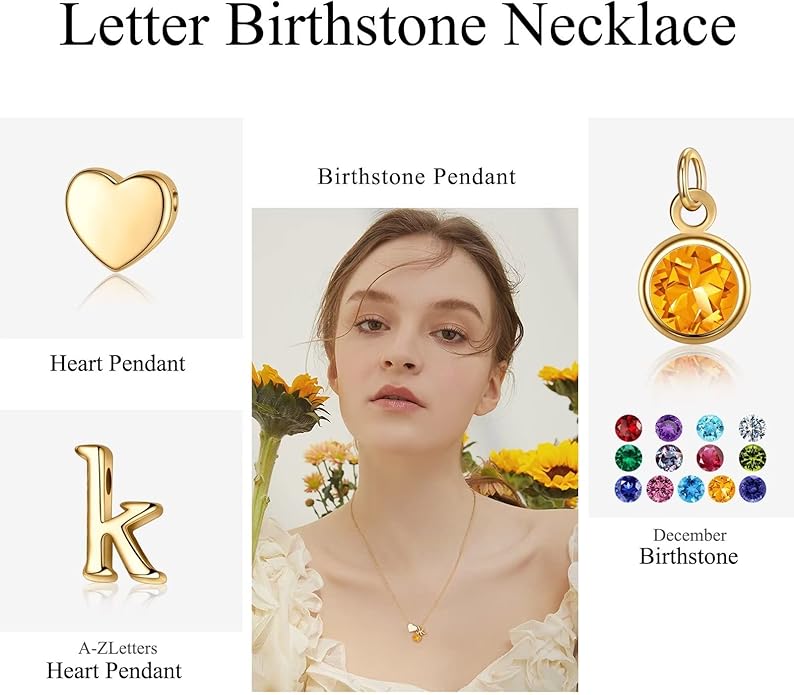 Ursilver Initial Birthstone Necklace for Women - Heart Initial Birthstone Pendant Necklace Personalized Gifts Birthday Gifts for Women