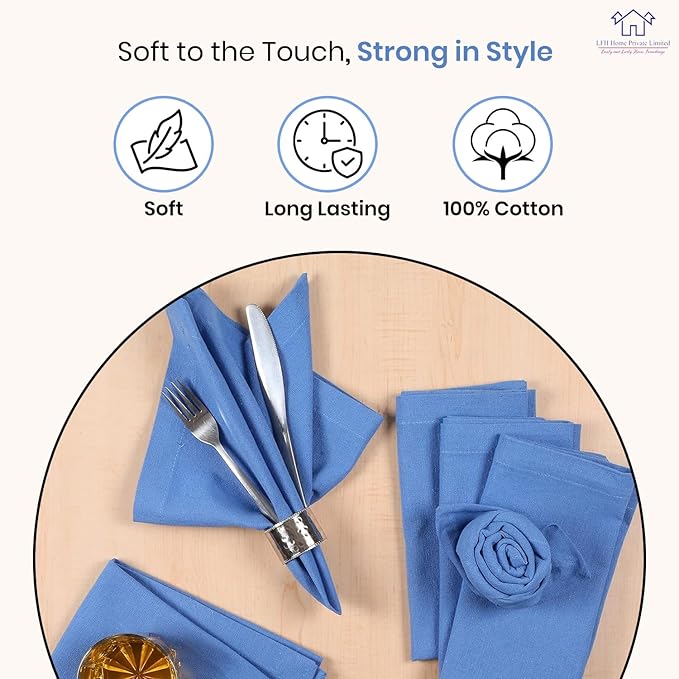 LFH Home Cotton Rich Metered Napkins for Dining Table Set of 12, Elegant Cloth Napkins for Wedding Party or Everyday Use Machine Washable Durable Reusable and Soft for Hosting 18x18 Inch - Light Blue