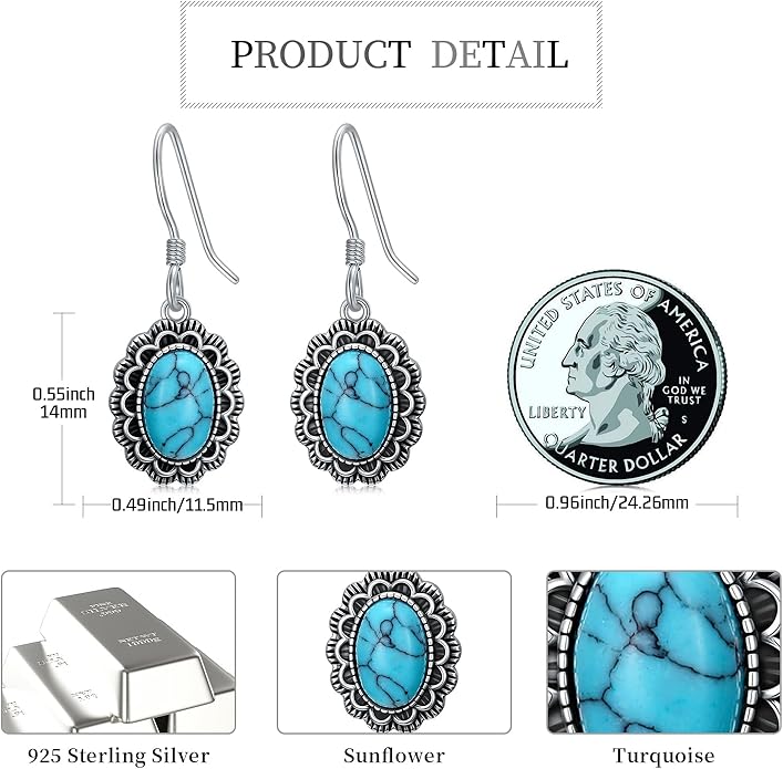 Western Earrings for Women 925 Sterling Silver Turquoise Western Country Dangle Drop Earrings Country Jewelry Gifts for Cowgirl Cowboy