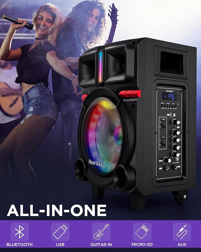 HEARTSEA Karaoke Machine for Adults, Portable Bluetooth Speaker with 2 Wireless Microphones, PA System with Disco Lights for Big Party, Outdoor, Supports USB/TF/REC/AUX, Ideal Gifts for Family