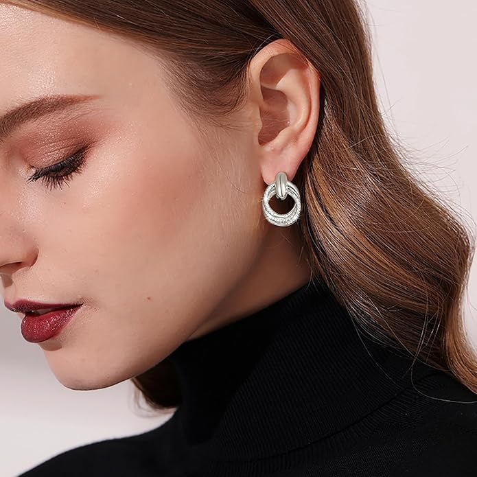 14K Gold Plated Chunky Clip On Earrings for Women 14k Gold Knot Link Clip Earrings Silver Rhinestone Hoop Clip On Earrings Jewelry for Women