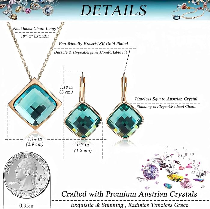 EVEVIC Square Austrian Crystal Necklace Earrings for Women Fashion 18K Gold Plated Hypoallergenic Jewelry Set