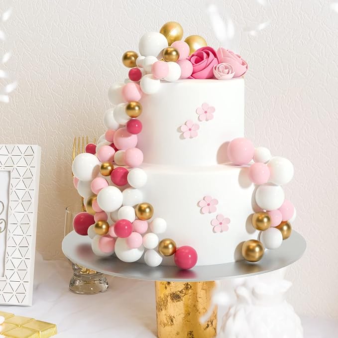 ASTARON 32 Pcs Ball Cake Topper Decorations Mini Balloons Cake Topper Sticks Foam Balls Cake Picks Cake Topper Balls Cake Decorations for Wedding Party Birthday Cake Decorating (Pink Gold)