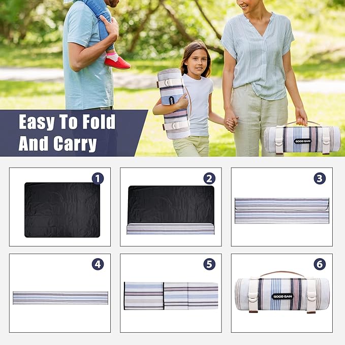 G GOOD GAIN Waterproof Picnic Blanket Portable with Carry Strap for Beach Mat or Family Outdoor Camping Party（Oyster）