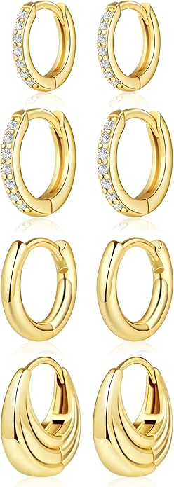 Small Gold Huggie Hoop Earrings Set for Women Men Hypoallergenic 14K Plated Stack Cartilage Earrings, Multiple Piercing Lightweight Mini Thin Cute Dainty Trendy Jewelry Set Christmas Gifts for Women