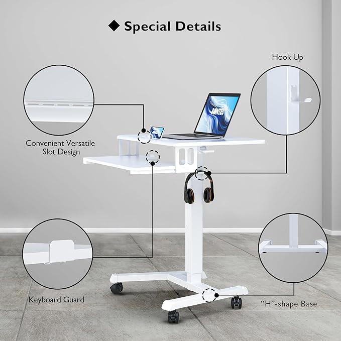 BONTEC Mobile Standing Desk with Keyboard Tray, Mobile Podium, Rolling Laptop Sit Stand Desk on Wheels, Adjustable Height Up to 33lbs, Portable Computer Workstation Cart for Living Room, Office, White
