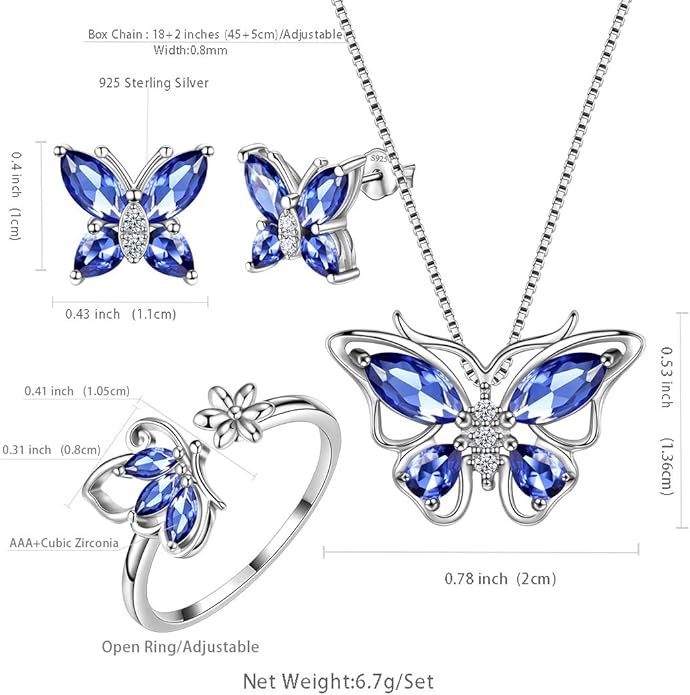 Aurora Tears Butterfly Jewelry,Women 925 Sterling Silver Butterflies Birthstone Pendant Necklace/Earrings/Rings Wedding Gift