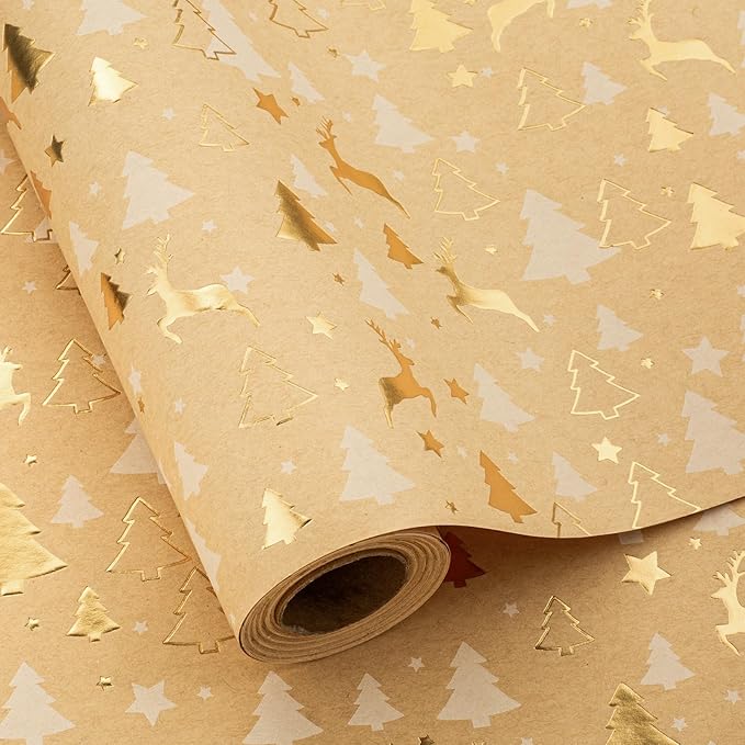 Garbendy Kraft Christmas Wrapping Paper Roll- 17 Inch X 32.8 Feet - Embossing 3D with Gold Foil Reindeer & Christams Tree Design for Christmas Holiday Party