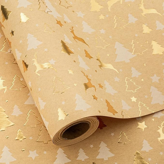 Garbendy Kraft Christmas Wrapping Paper Roll- 17 Inch X 32.8 Feet - Embossing 3D with Gold Foil Reindeer & Christams Tree Design for Christmas Holiday Party