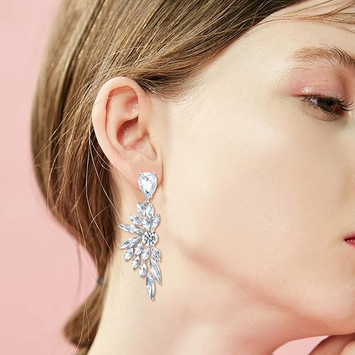 BriLove Women's Wedding Bridal Crystal Teardrop Multi Marquise Cluster Bling Dangle Earrings