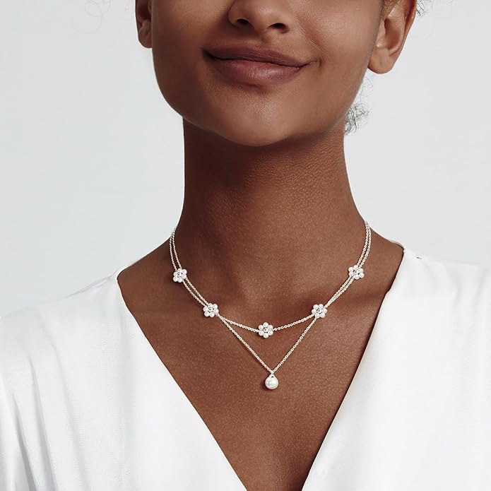 Zeffy Gold Pearl Necklace for Women, Dainty 14K Gold/Silve Plated Layered Pearl Choker Pearl Earrings Pearl Bracelets Wedding Trendy Gold Jewelry Set for Women Gifts