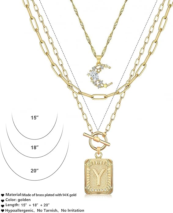 MJartoria Layered Initial Necklaces for Women Trendy, 14K Gold Plated Brass Simple Moon Choker Square Letter Pendant Necklace, Paperclip Chain Necklaces Jewelry Gifts