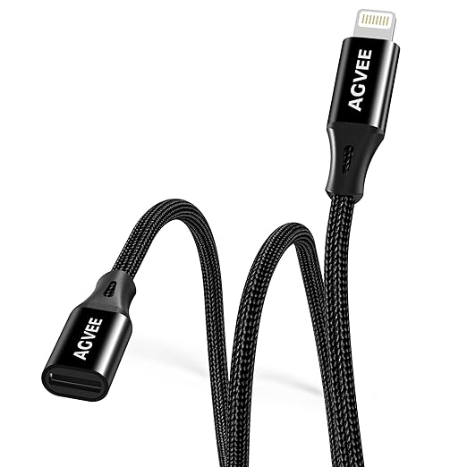 AGVEE 2 Pack 6.6ft Lightning Extension Cable, Braided Female to Male Extender Full Function Cord Compatible with iPhone iPad, Data Sync Video Audio & Charging Connector Adapter, Black