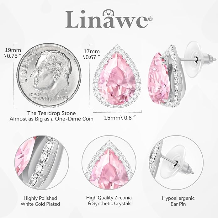 Linawe Women Stud Earrings, Teardrop Diamond Moissanite Cubic Zirconia Earrings Studs Rhinestone Jewelry Gold/Silver/Rose Gold