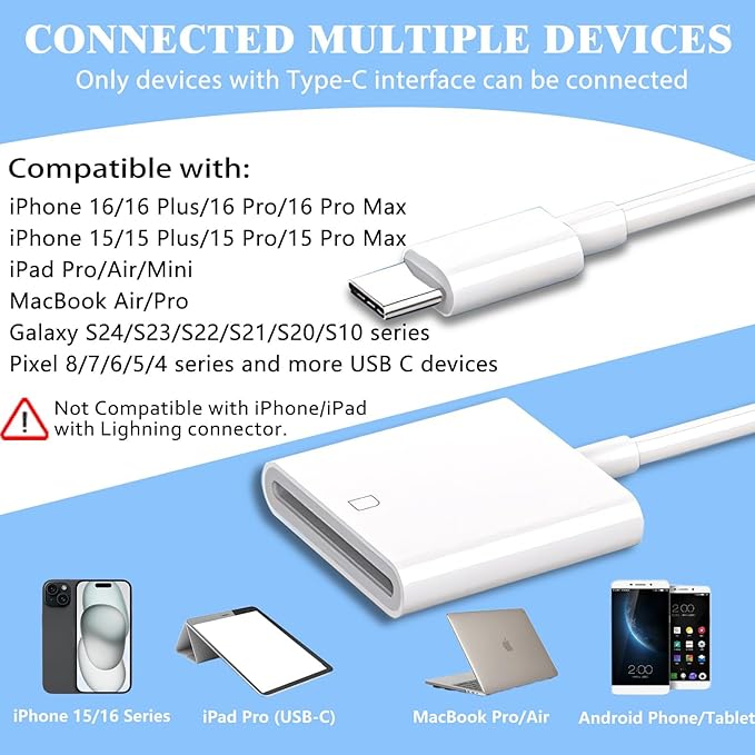 iPhone SD Card Reader USB C, Digital Camera Adapter iPhone 16, Trail Camera SD Card Reader USB C Memory Card Reader for iPhone 16/15/iPad/MacBook/iMac/Galaxy/Android