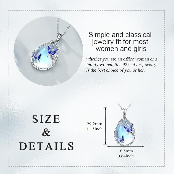 KQF Dragonfly/Butterlfy/Cat/Jellyfish/Bunny/Axolotl/Bee/Mermaid/Hummingbird/Elephant Necklace for Women Sterling Silver Moonstone Pendant Necklace Dragonfly Jewelry Gifts for Women