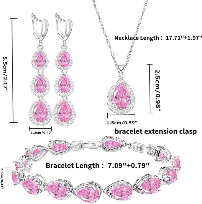 LMXXVJ Necklace Long Earrings Bracelet Set, White Gold Plated Created Blue Sapphire Jewelry Set Wedding Party Gift Jewelry for Women Bridal Bridesmaid